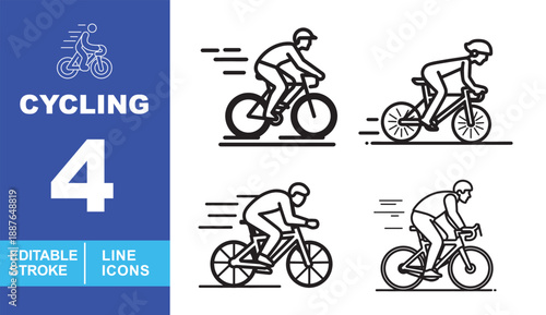 Cycling and bicycle action line icon set. Editable stroke icons for Sports Media, Cycling Blogs, and Performance Tracking. Featuring detailed character illustrations of cyclists in high-speed motion