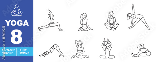 Yoga line icon set. Editable stroke icons for Fitness Branding, Wellness Blogs, and Aesthetic Social Media. Featuring detailed female character illustrations in various poses such as Warrior I
