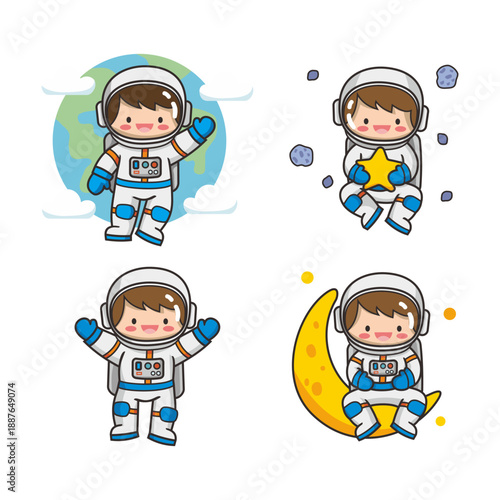 Set of cute kawaii astronaut stickers featuring a little space traveler with earth, moon, and stars on a white background.