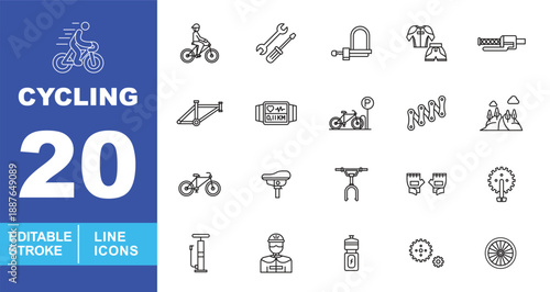Bicycle components and maintenance line icon set. Editable stroke icons for Bike Workshops, Parts Retailers, and Technical Guides. Featuring Bike Frame, Chain, Gears, Spokes, Handlebars, Saddle, Fork