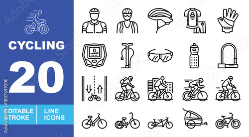 Cycling and biking line icon set. Editable stroke icons for Professional Cycling, Outdoor Sports, and Fitness. Featuring Cyclist characters, Bike Helmet, Cycling Jersey, Gloves, Bicycle Speedometer