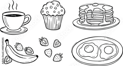 Breakfast food icon set with coffee cup, pancakes, and fruit