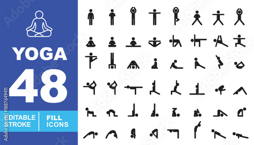 Yoga solid fill icon set. Editable stroke icons for Zen Lifestyle, Yoga Studio Branding, and Health Apps. Containing professional silhouettes including Bridge Pose, Boat Pose, and Standing Balance