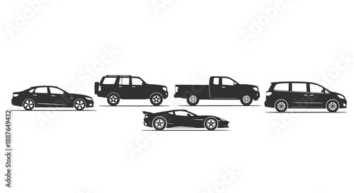 Collection of Black Vehicles on White Background.