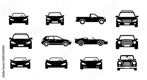 Collection of Black Car Silhouettes Front and Side Views.