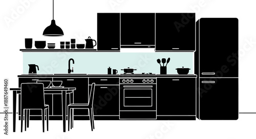 Modern Kitchen Interior Silhouette Design.