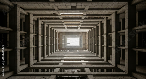 Symmetrical upward view of concrete building shaft showing repetitive floor levels