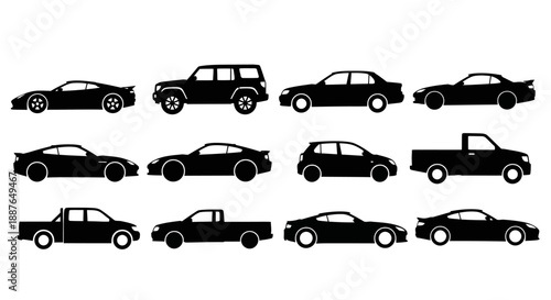 Collection of Silhouetted Cars and Trucks in Black and White.