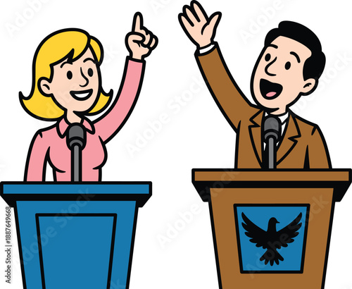 Flat vector illustration of a man and woman giving a speech at podiums representing public speaking, political debate, election campaign, and corporate presentation.