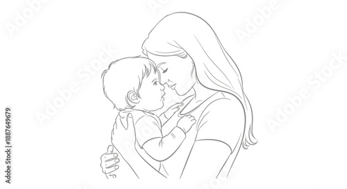 Mother holding her baby tenderly in a sketch drawing style.