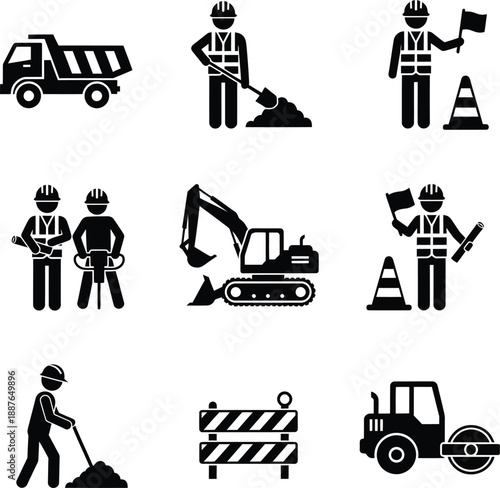 Set of construction worker icons with heavy machinery and safety equipment