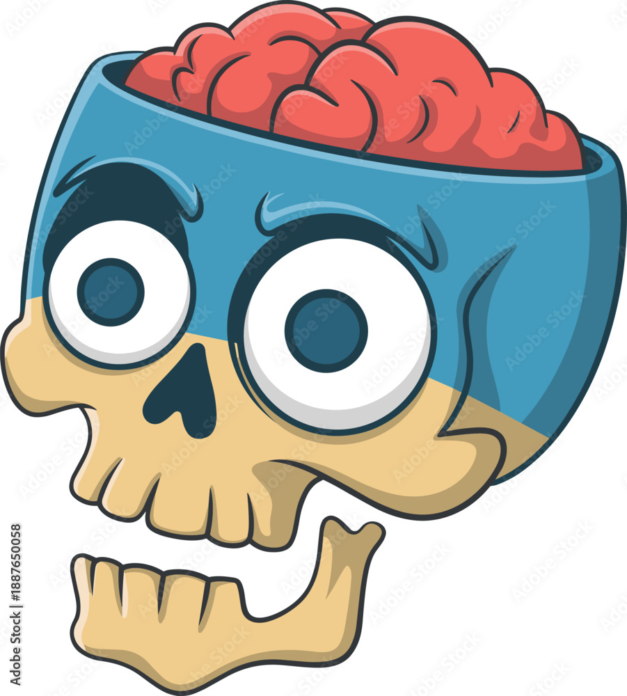 Obraz premium Creative cartoon vector illustration of a human skull with exposed brain and blue face paint, quirky anatomy character design for halloween or medical concept.