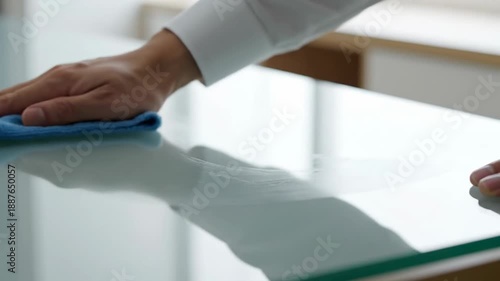 Careful hand polishing a reflective surface with a blue cloth for a pristine shine