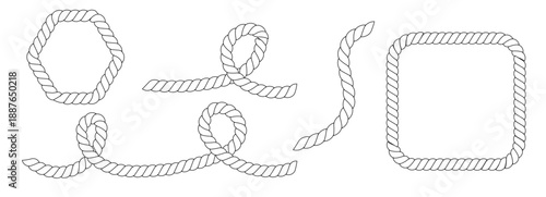 Rope brush simple decorative rope for frames and borders. Marine line rope texture. Thick cord or wire element set.
