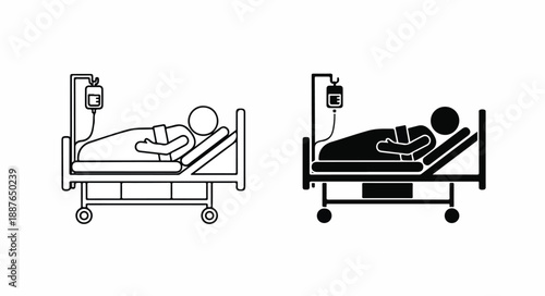 Line and silhouette illustrations of patients lying in hospital beds with IV poles against a white background.