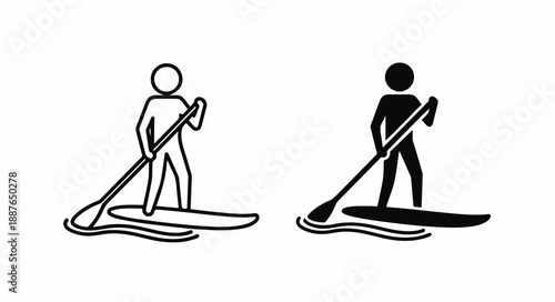 Simple black and white illustration of two stick figures paddleboarding on waves with oars, against a plain white background.