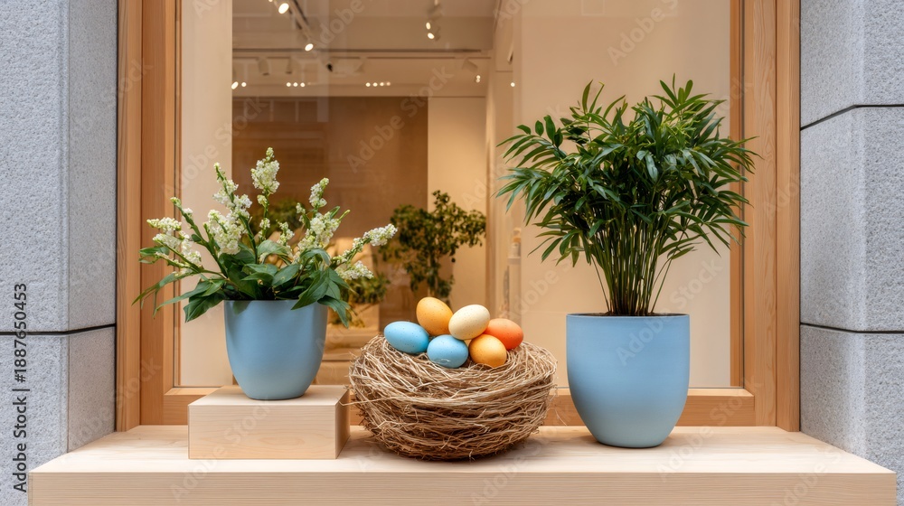 Fototapeta premium Easter eggs in nest with potted plants on window display