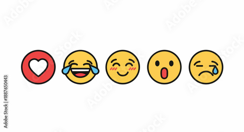 A row of five emoticon faces on a white background, including a heart, laughing, winking, surprised, and crying face.