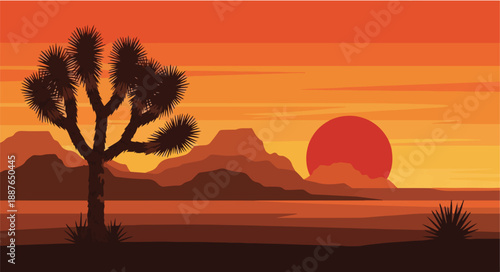 Illustration of a desert landscape with a joshua tree at sunset with mountains in the background and a vibrant orange sky.