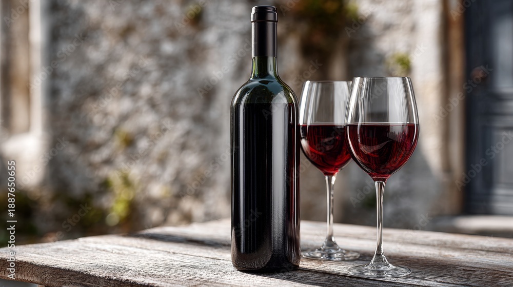Fototapeta premium A vintage red wine bottle on aged wood with refined wine glasses, softly lit against classic winery walls, highlighting luxury and timeless character. 
