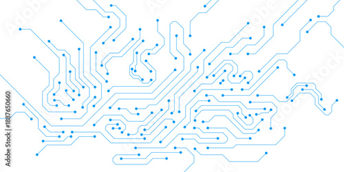 Abstract blue circuit board diagram lines on white background. Futuristic technology for science, global network connection and communication concept. Vector