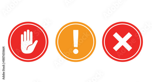 Flat lay of three prohibition warning signs on white background with stop hand warning exclamation and cross symbols.