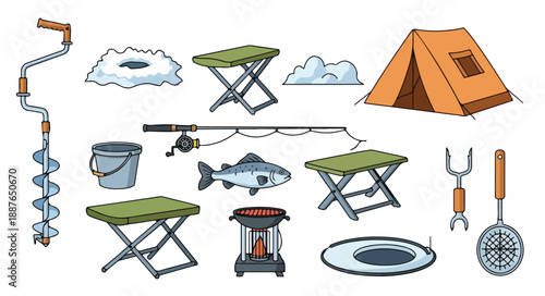 Flat lay illustration of various camping and fishing equipment on a white background with a colorful and organized composition.