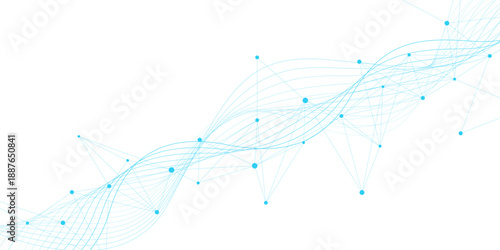 Abstract blue connecting the dots and lines or plexus with wavy lines on white background. Futuristic big data visualization, science and technology innovation. Vector