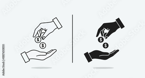 Black and white line icons depicting hands transferring coins, symbolizing financial exchange or donation on a clean background.