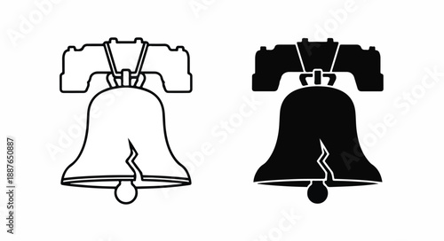 Black and white illustration of two Liberty Bells, one in black and one in white, against a plain background.