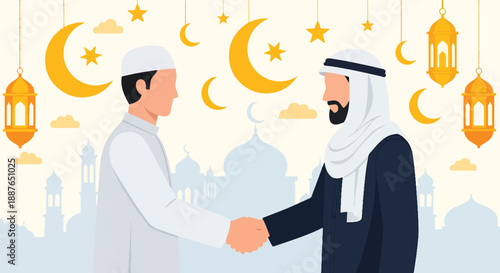 Muslim men shaking hands on mosque background with lanterns and crescent moons. Islamic greeting for Ramadan or Eid. Halal business partnership and cooperation.