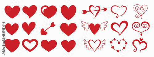 Stylized Red Heart Icons with Wings and Arrows - Decorative Love Symbols for Valentine Cards and Romantic Digital Art