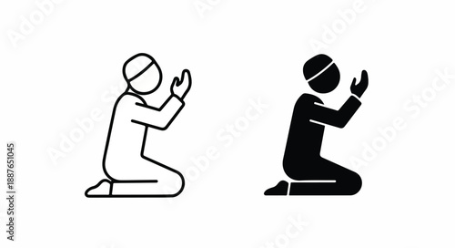 Two simple line icons of people kneeling in prayer with hands raised in a white and black color scheme on a plain background.