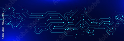 Glowing and futuristic circuit board on dark blue background. Abstract motherboard and computer processor. Design for digital technology and global connection. Vector