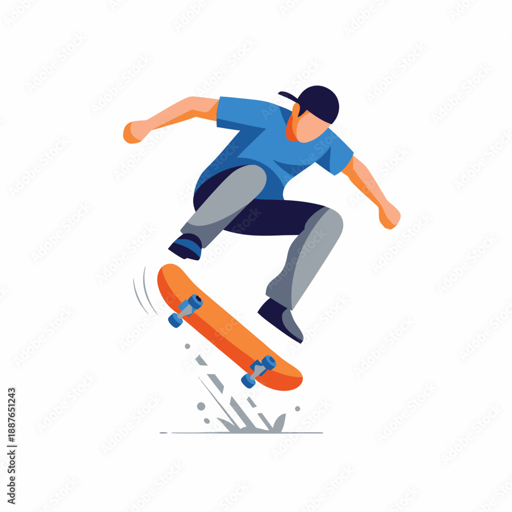 Obraz premium Professional skater in blue t-shirt performing kickflip jump