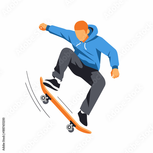 Dynamic skateboarder in blue hoodie performing kickflip trick