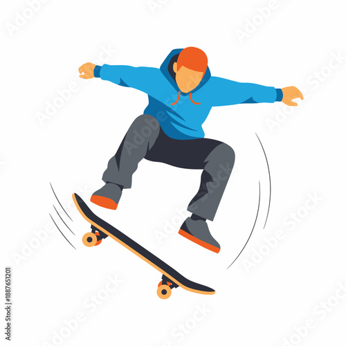 Skater in blue hoodie catching air with skateboard grab trick