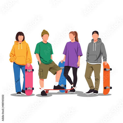Four young skateboarders posing together in modern casual outfit