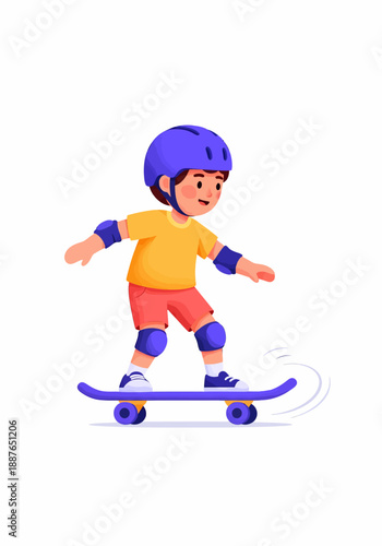 Cute little boy learning to skateboard with full safety gear