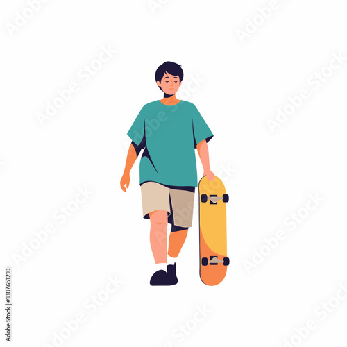 Young man walking and carrying skateboard in casual summer outfit