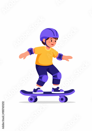 Child skateboarder character with helmet and pads in motion