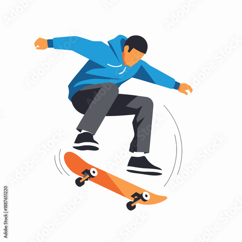 Dynamic skateboarder in hoodie performing technical jump trick