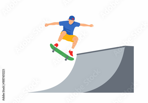 Professional skateboarder performing high jump trick at skate park