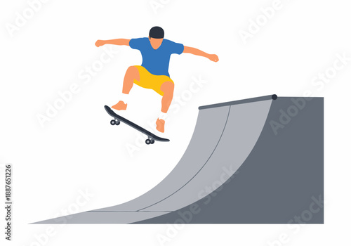 Young skater catching air jump from concrete quarter pipe ramp