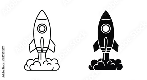 Black and white line art illustrations of two rockets launching with smoke trails on a plain white background.