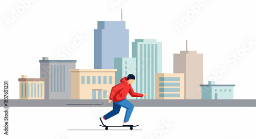 Skateboarder cruising on city street with urban buildings background