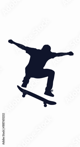 Black silhouette of skateboarder performing high jump ollie