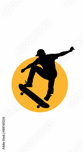 Black silhouette of skateboarder jumping with yellow circle sun
