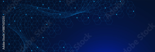 Futuristic hexagon pattern with dots and wavy lines on dark blue background. Abstract network connection and global communication. Design for science and technology. Vector