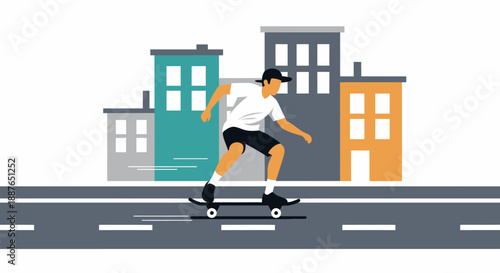 Young man skating fast on urban road with colorful buildings
